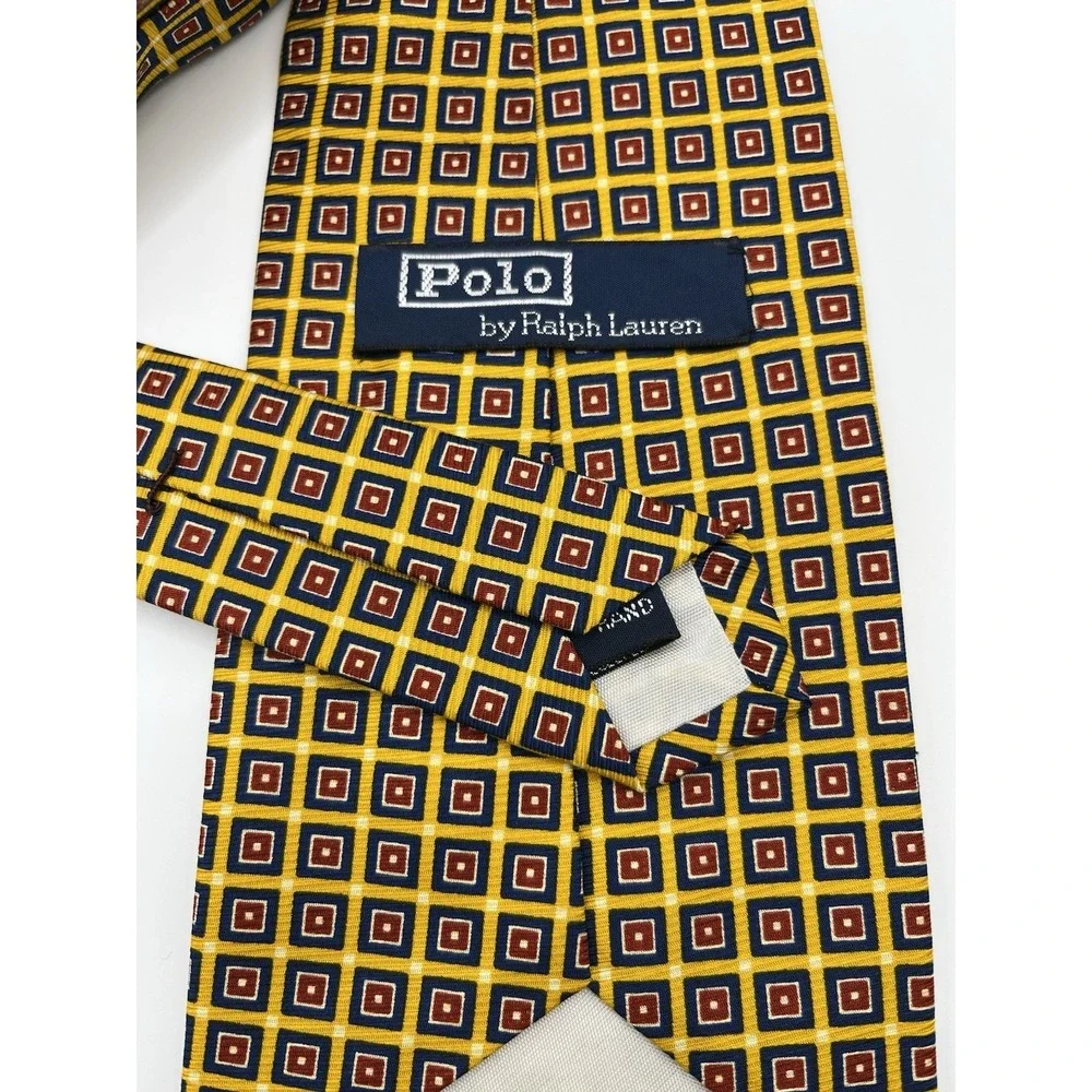 Vintage‎ Polo Ralph Lauren Tie Made in USA by Hand Yellow Square Geometric
